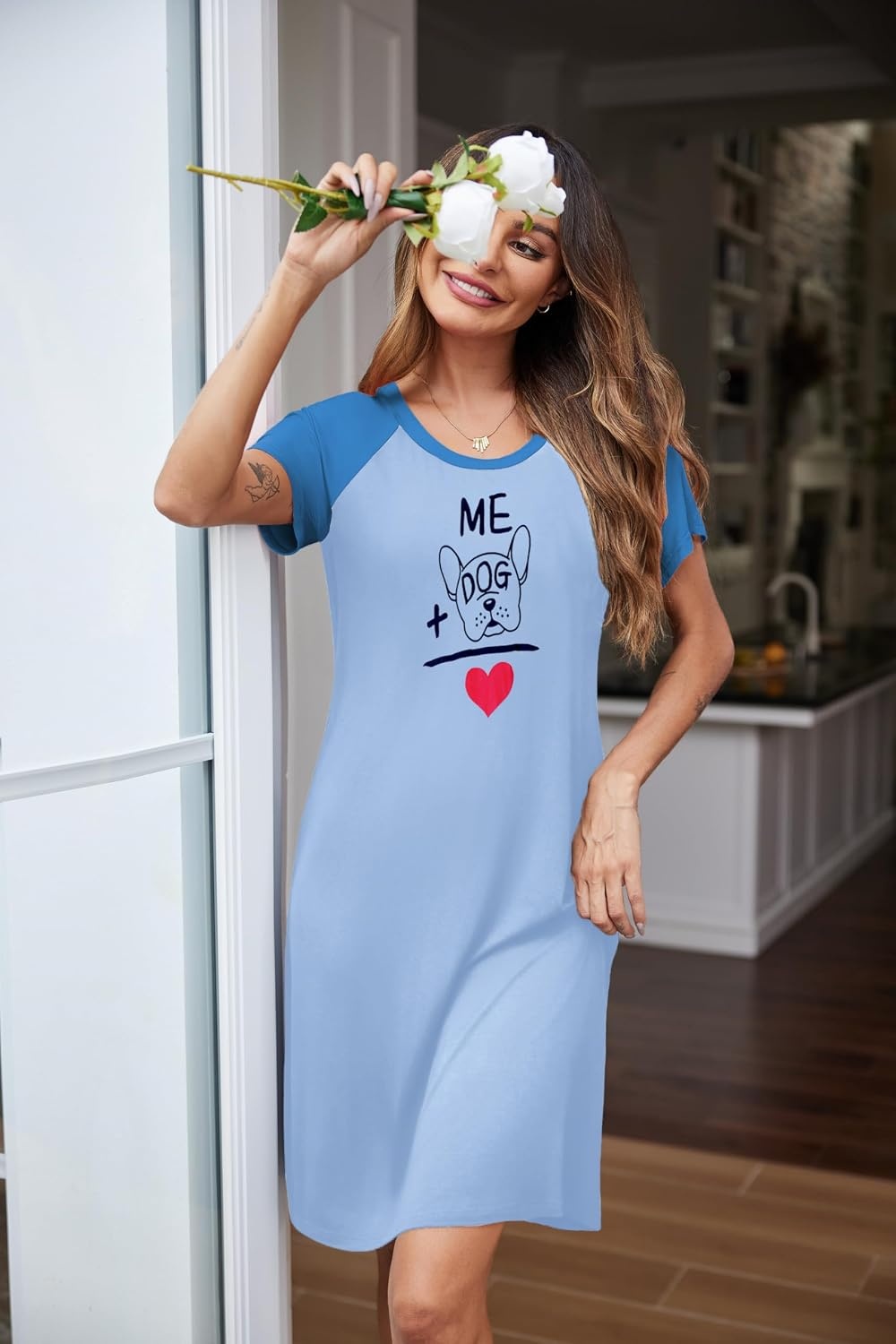 image:imageEkouaer Nightgowns for Women Short Sleeve Night Dress Printed SleepwearAbaby Bluedog