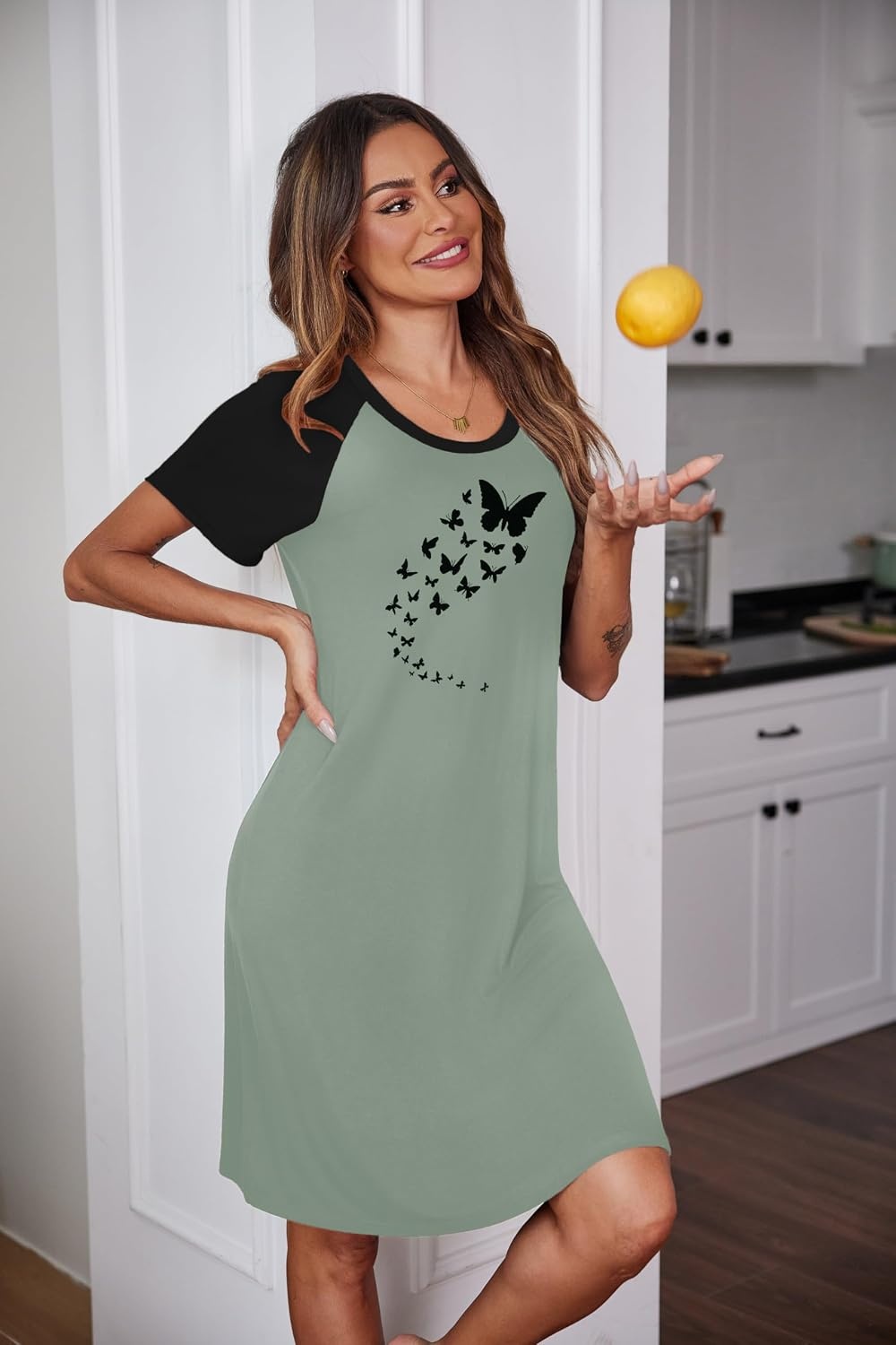 image:imageEkouaer Nightgowns for Women Short Sleeve Night Dress Printed SleepwearAgreyish Greenbutterfly