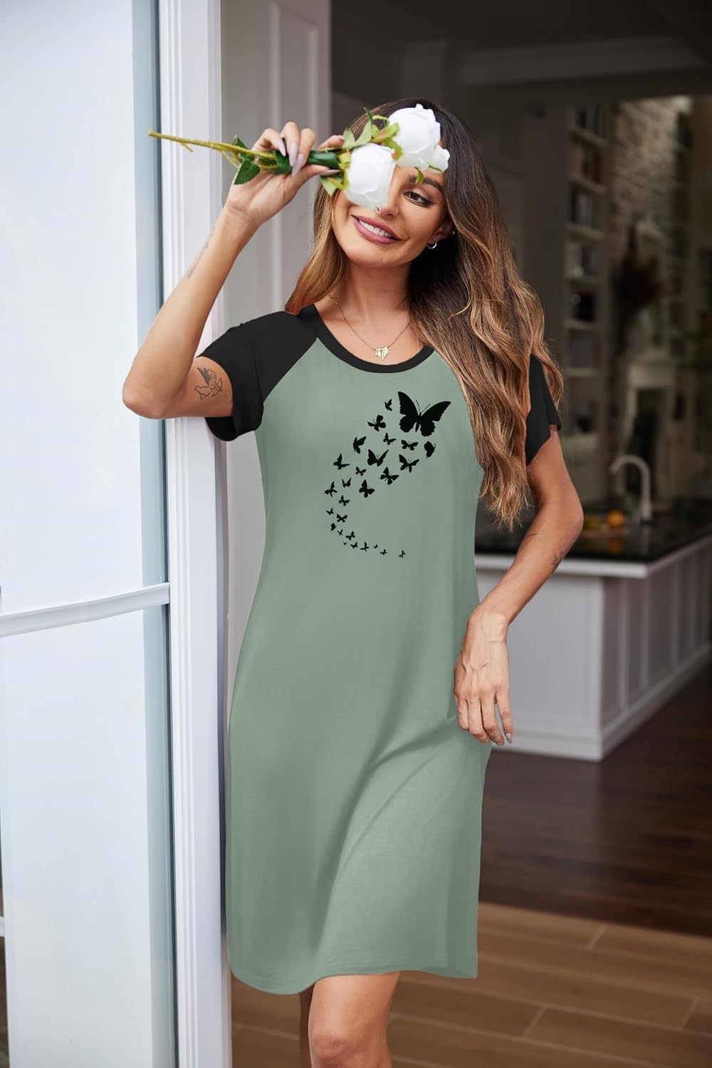 image:imageEkouaer Nightgowns for Women Short Sleeve Night Dress Printed SleepwearAgreyish Greenbutterfly