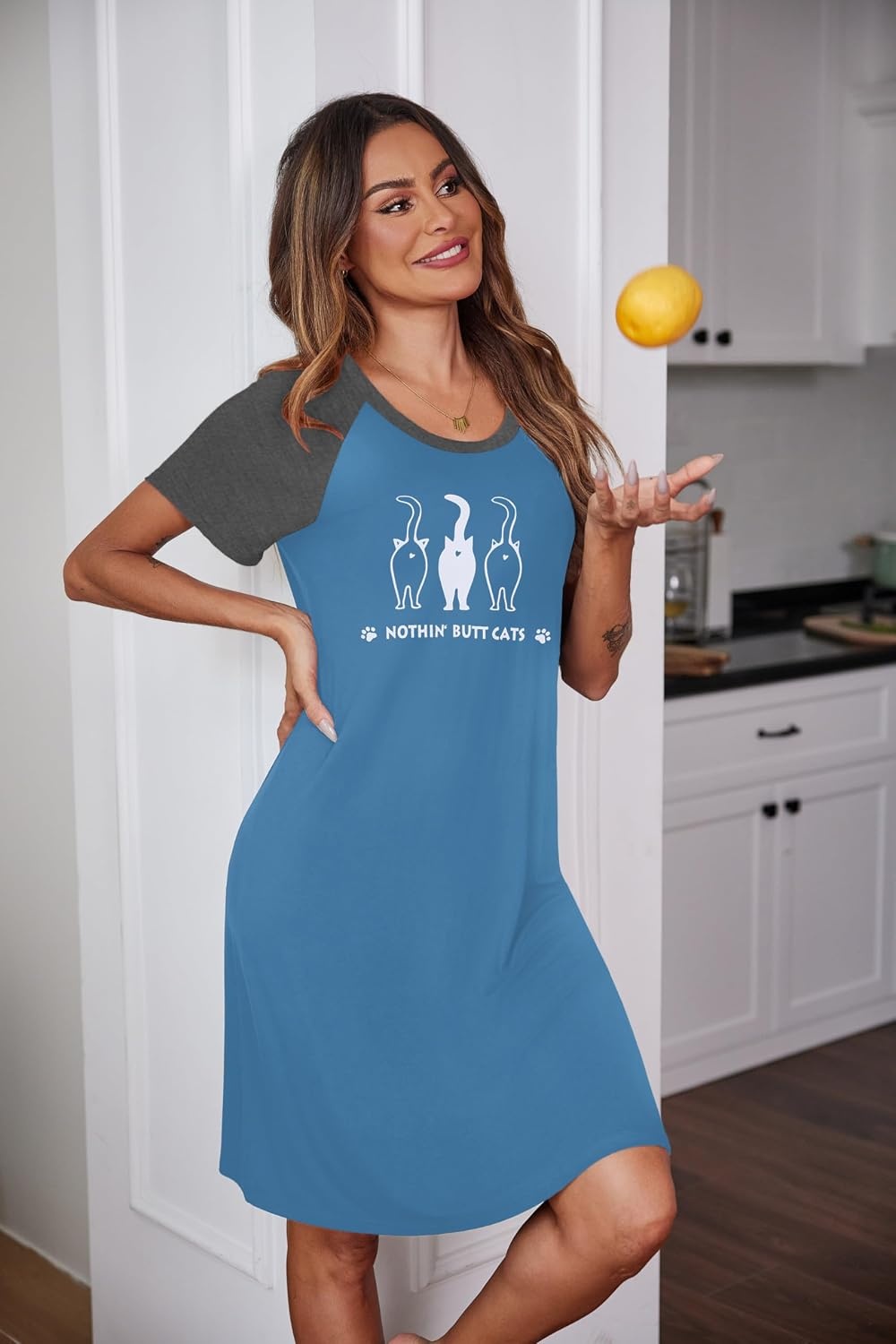 image:imageEkouaer Nightgowns for Women Short Sleeve Night Dress Printed SleepwearAlake Bluecat