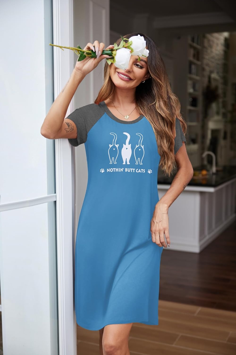 image:imageEkouaer Nightgowns for Women Short Sleeve Night Dress Printed SleepwearAlake Bluecat