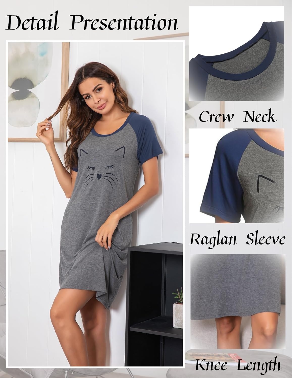 image:imageEkouaer Nightgowns for Women Short Sleeve Night Dress Printed SleepwearAwine Redmeow