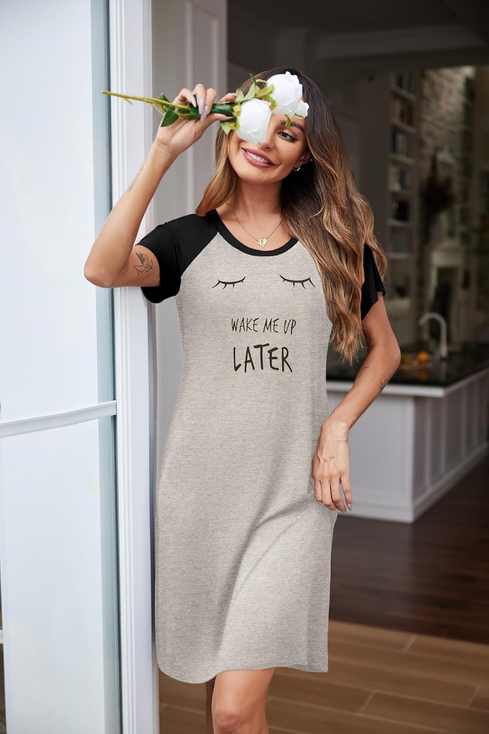 image:imageEkouaer Nightgowns for Women Short Sleeve Night Dress Printed SleepwearBblackwake Me Up Later