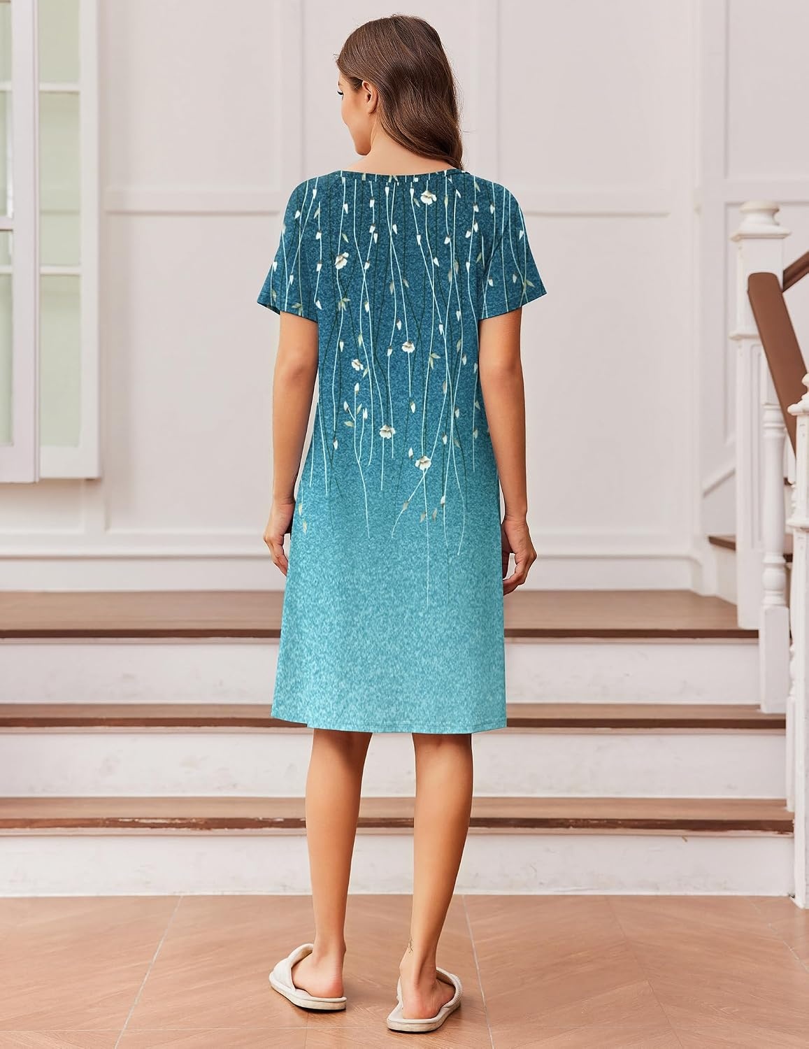 image:imageEkouaer Nightgowns for Women Short Sleeve Night Dress Printed SleepwearCyan Vine