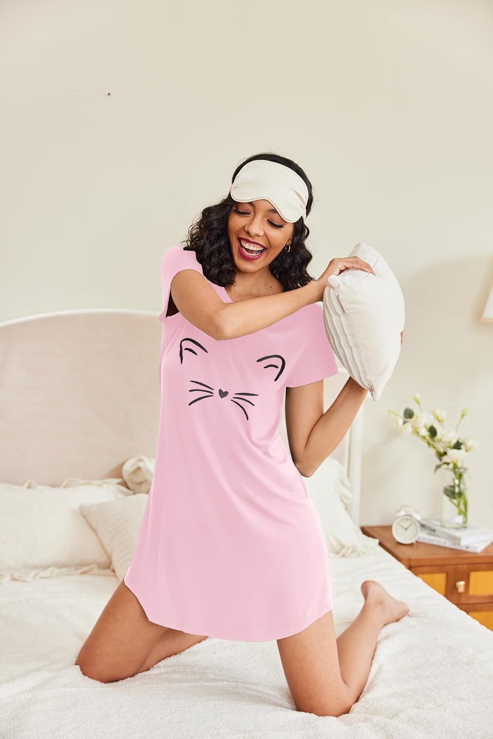 image:imageEkouaer Nightgowns for Women Short Sleeve Night Dress Printed SleepwearPink Cat