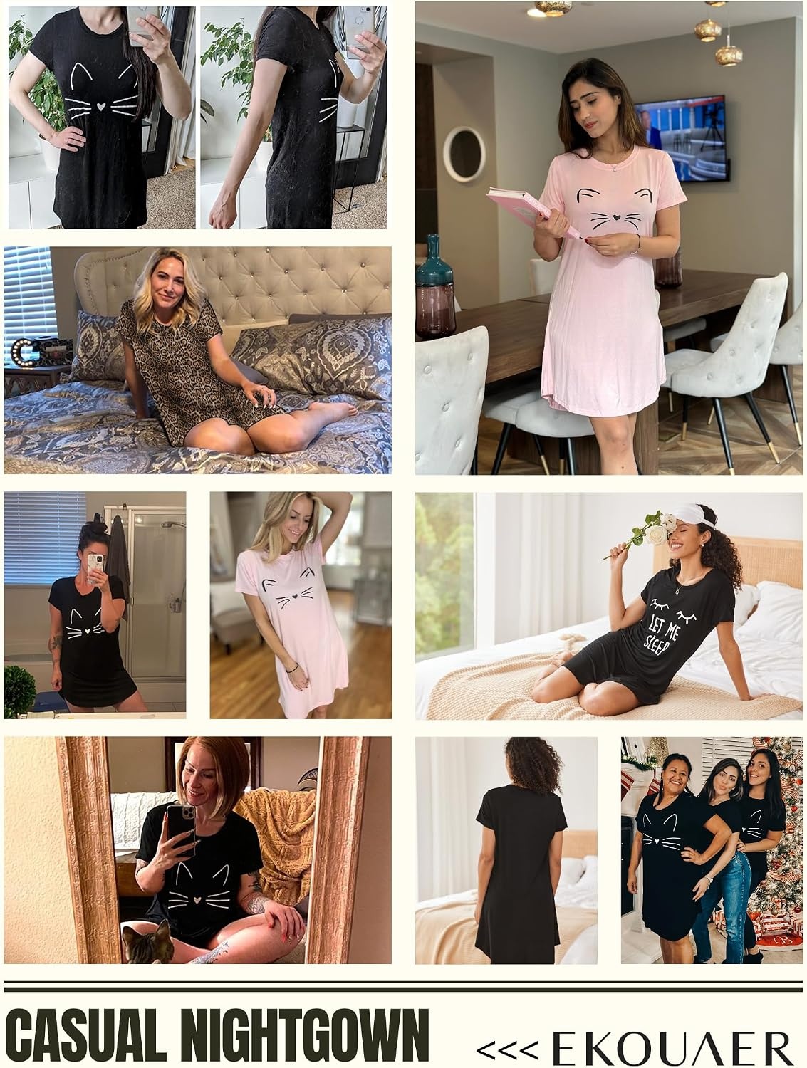 image:imageEkouaer Nightgowns for Women Short Sleeve Night Dress Printed SleepwearPink Cat