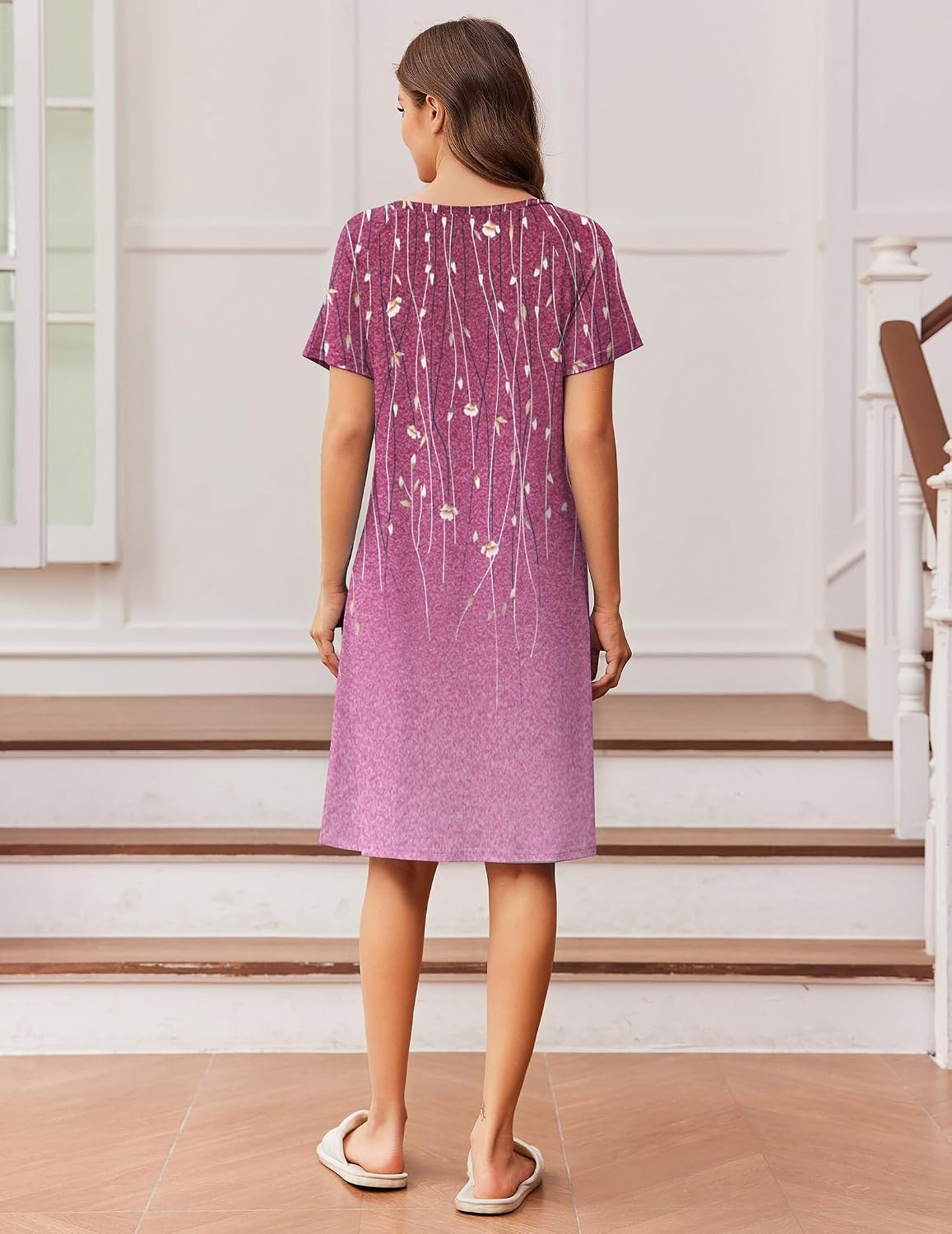 image:imageEkouaer Nightgowns for Women Short Sleeve Night Dress Printed SleepwearPurple Vine
