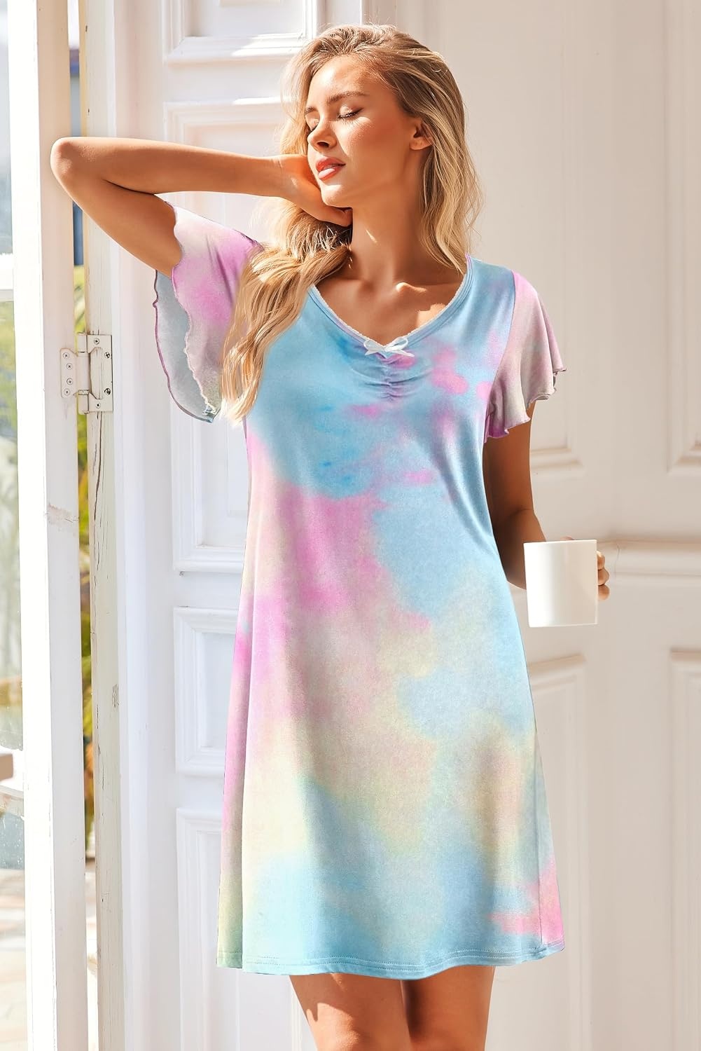 image:imageEkouaer Nightgowns for Women Short Sleeve Night Gown Comfy Sleep ShirtColorful Tiedye