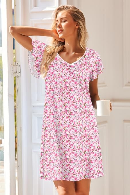 image:imageEkouaer Nightgowns for Women Short Sleeve Night Gown Comfy Sleep ShirtPink Floral