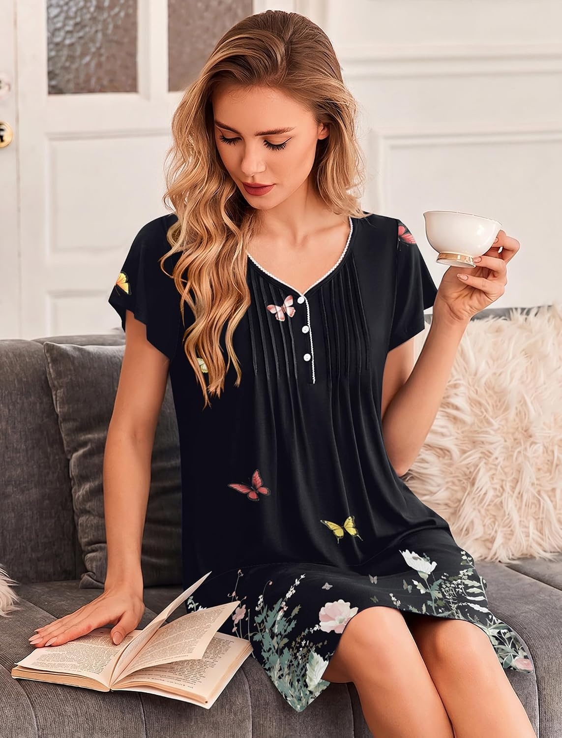 image:imageEkouaer Nightgowns for Women Short Sleeve Pleated Moo Moos with PocketsButterfly Black