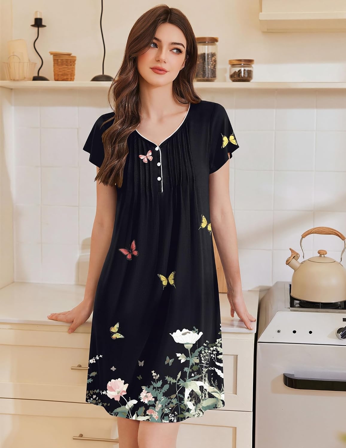 image:imageEkouaer Nightgowns for Women Short Sleeve Pleated Moo Moos with PocketsButterfly Black