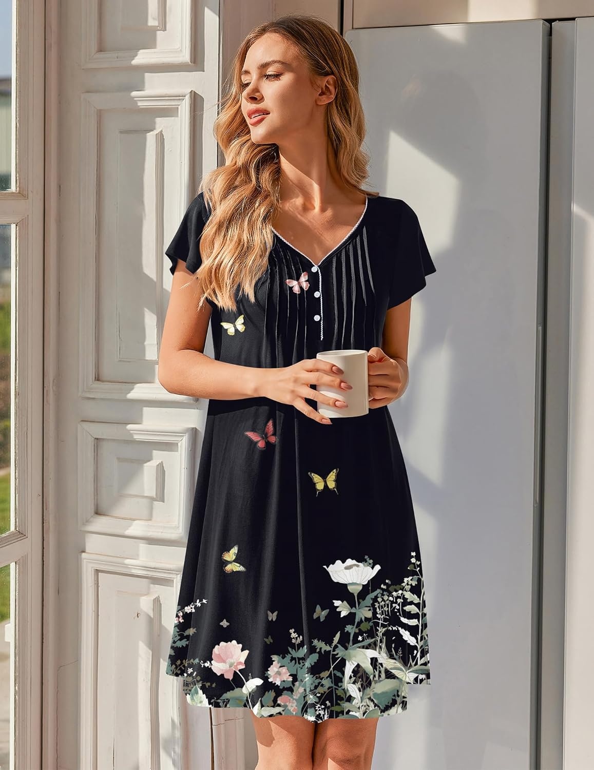image:imageEkouaer Nightgowns for Women Short Sleeve Pleated Moo Moos with PocketsButterfly Black