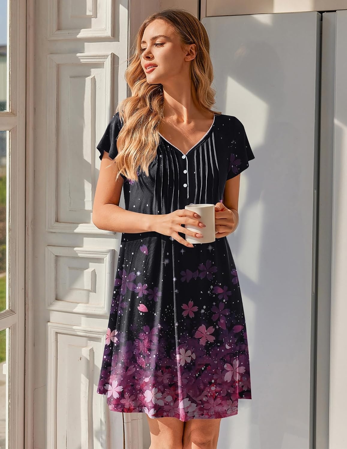 image:imageEkouaer Nightgowns for Women Short Sleeve Pleated Moo Moos with PocketsCherry Blossoms