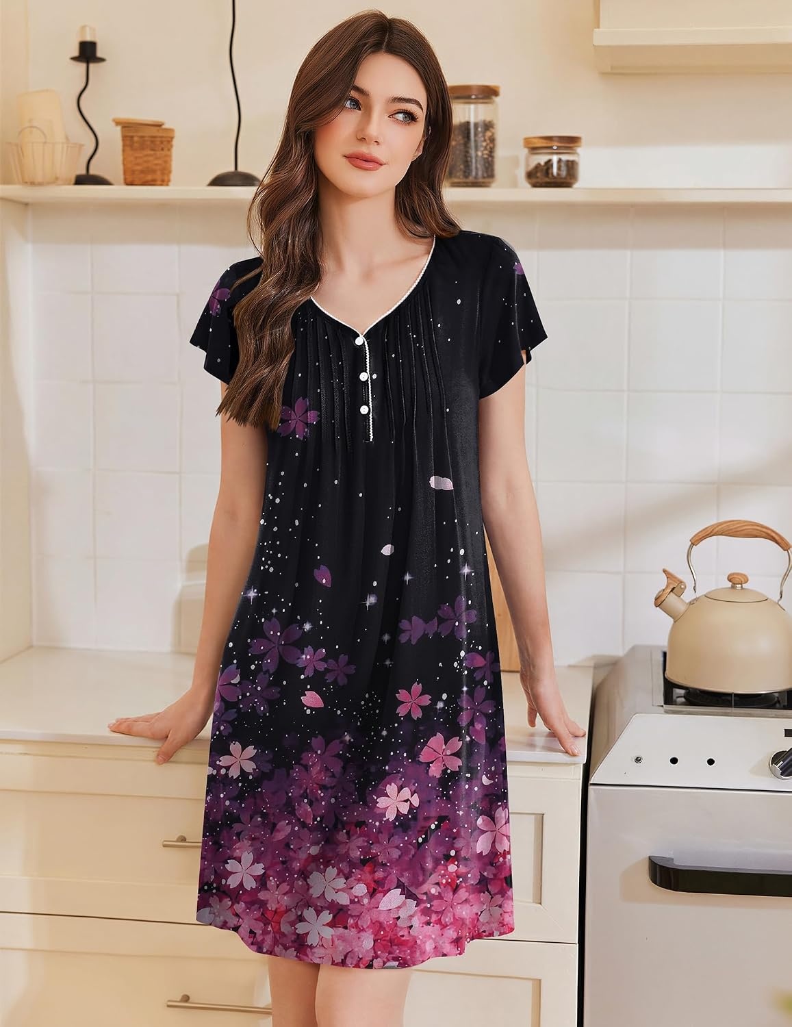 image:imageEkouaer Nightgowns for Women Short Sleeve Pleated Moo Moos with PocketsCherry Blossoms