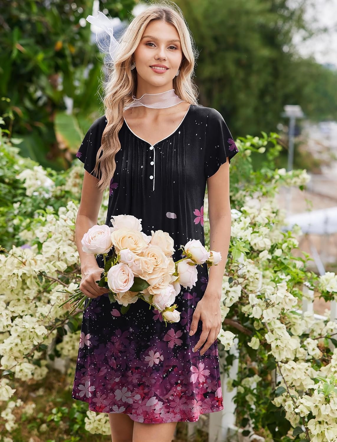 image:imageEkouaer Nightgowns for Women Short Sleeve Pleated Moo Moos with PocketsCherry Blossoms