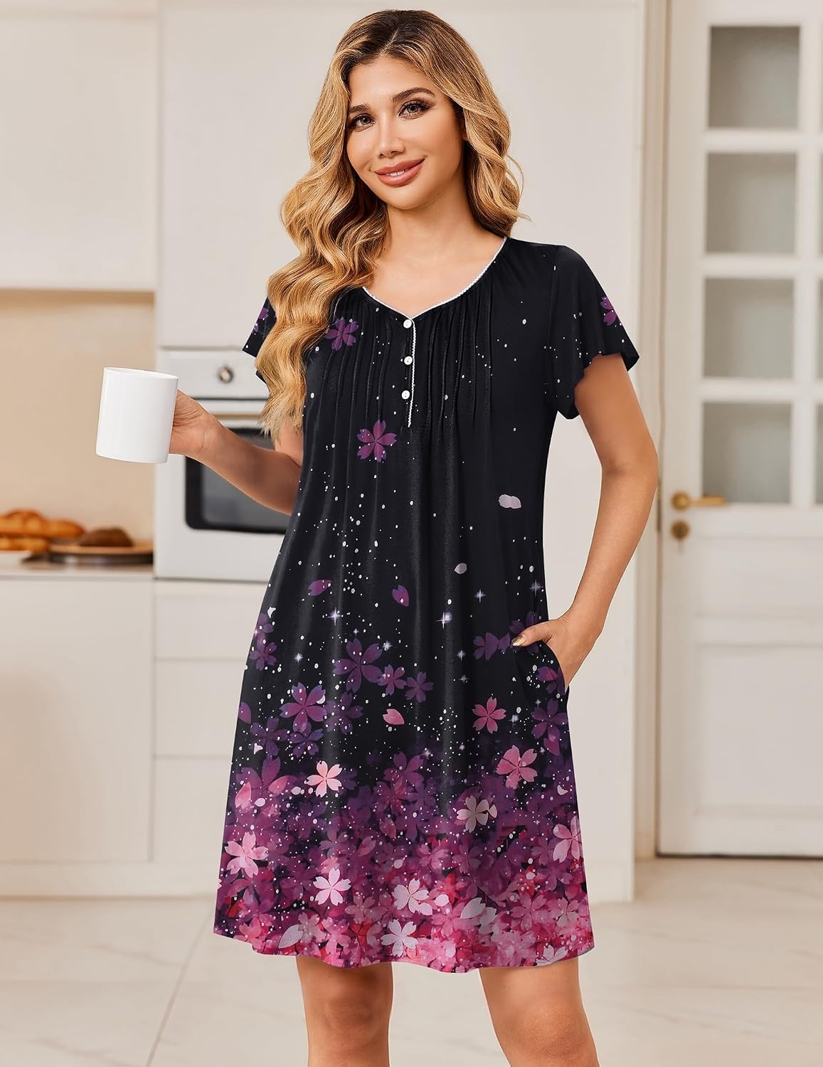 image:imageEkouaer Nightgowns for Women Short Sleeve Pleated Moo Moos with PocketsCherry Blossoms