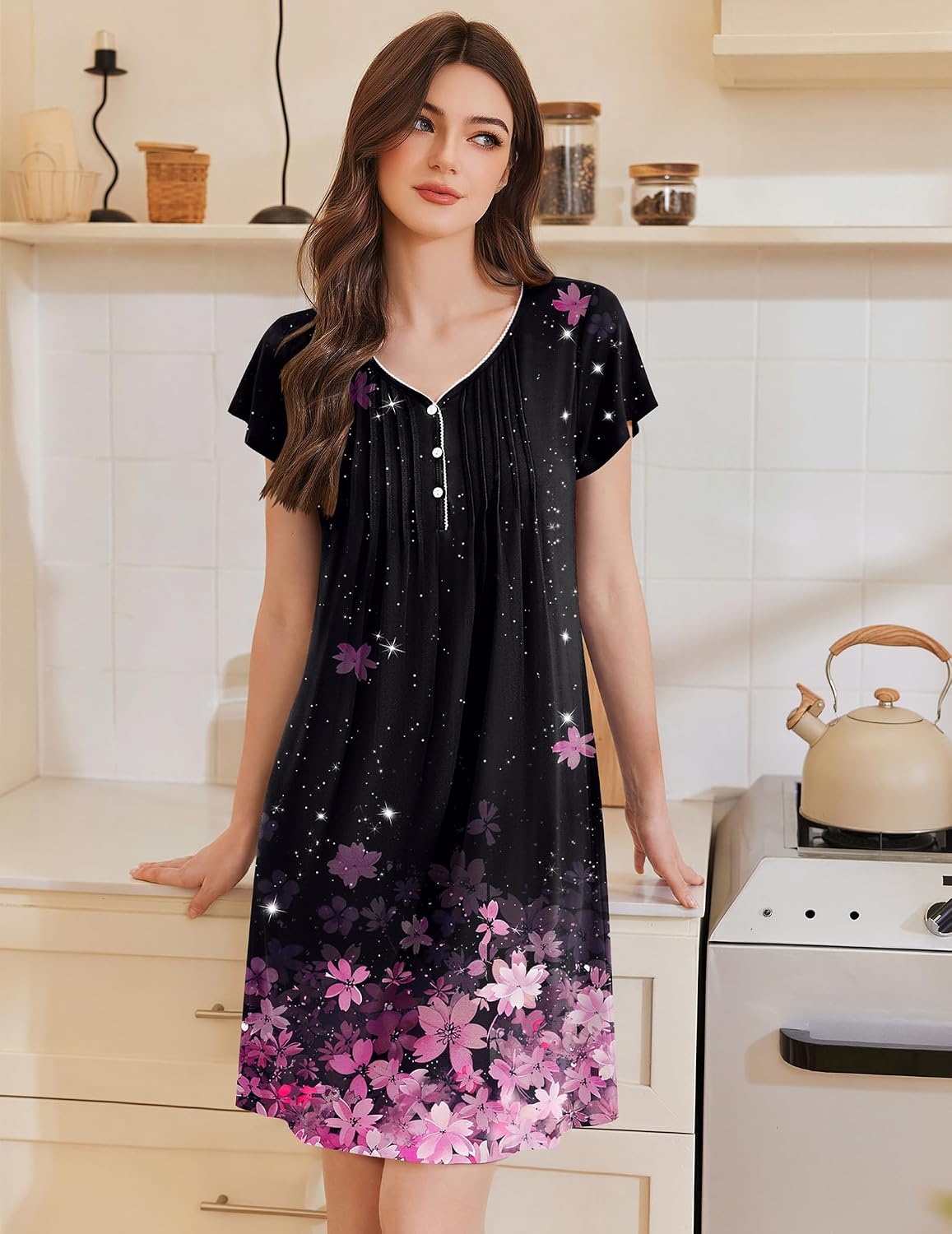 image:imageEkouaer Nightgowns for Women Short Sleeve Pleated Moo Moos with PocketsCherry Blossoms Black