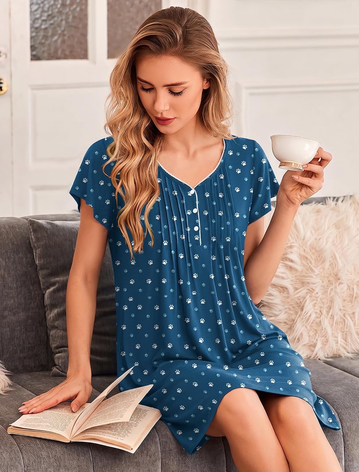 image:imageEkouaer Nightgowns for Women Short Sleeve Pleated Moo Moos with PocketsDog Footprints