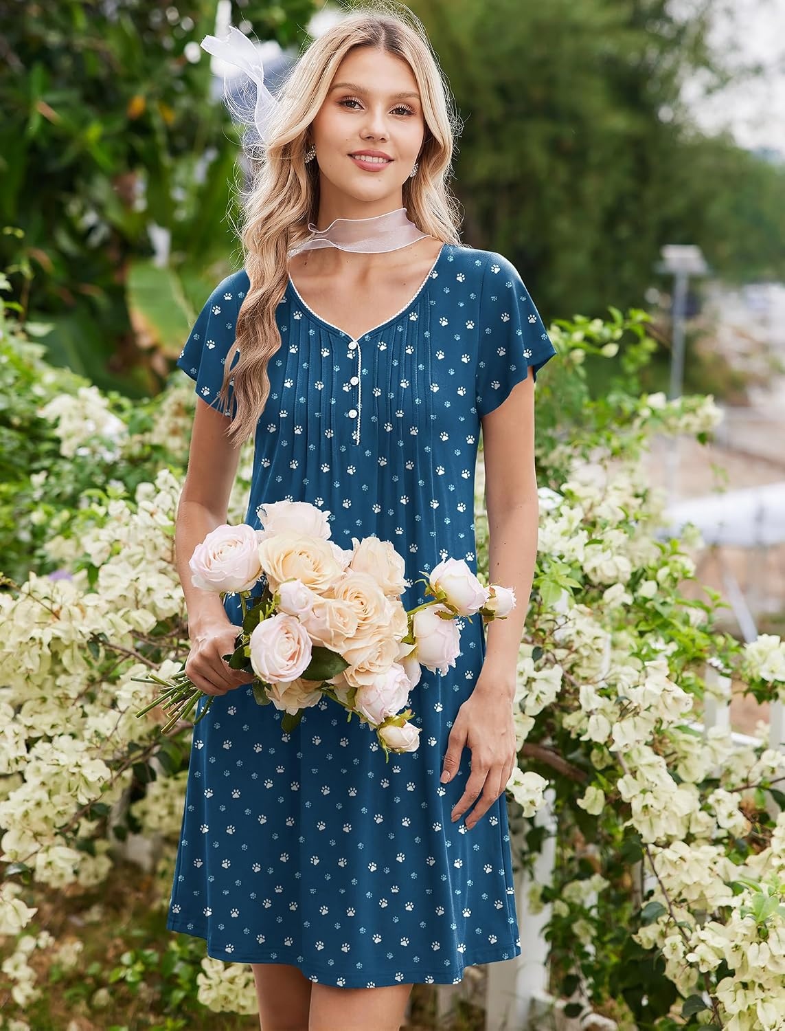 image:imageEkouaer Nightgowns for Women Short Sleeve Pleated Moo Moos with PocketsDog Footprints
