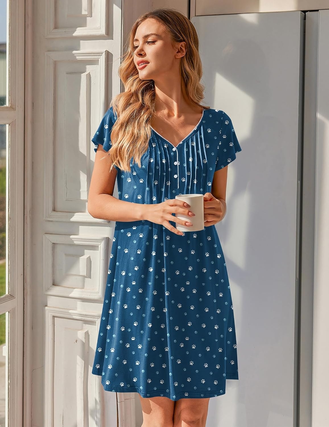 image:imageEkouaer Nightgowns for Women Short Sleeve Pleated Moo Moos with PocketsDog Footprints