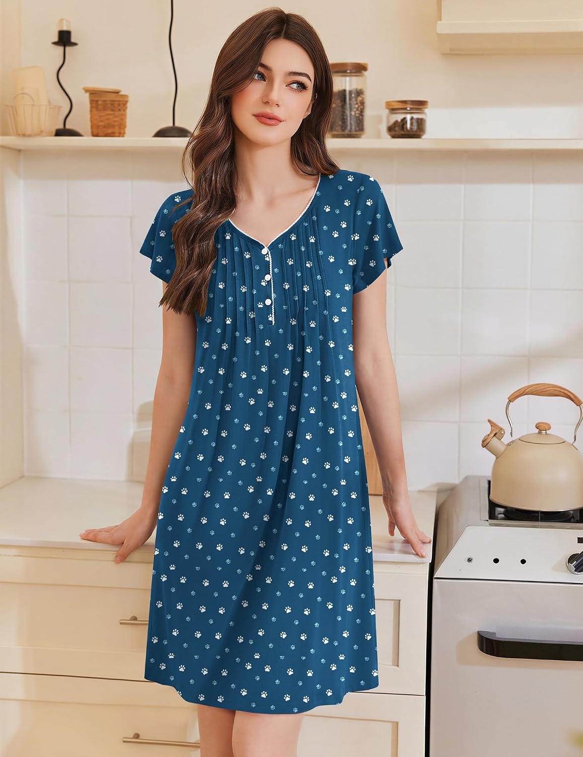 image:imageEkouaer Nightgowns for Women Short Sleeve Pleated Moo Moos with PocketsDog Footprints