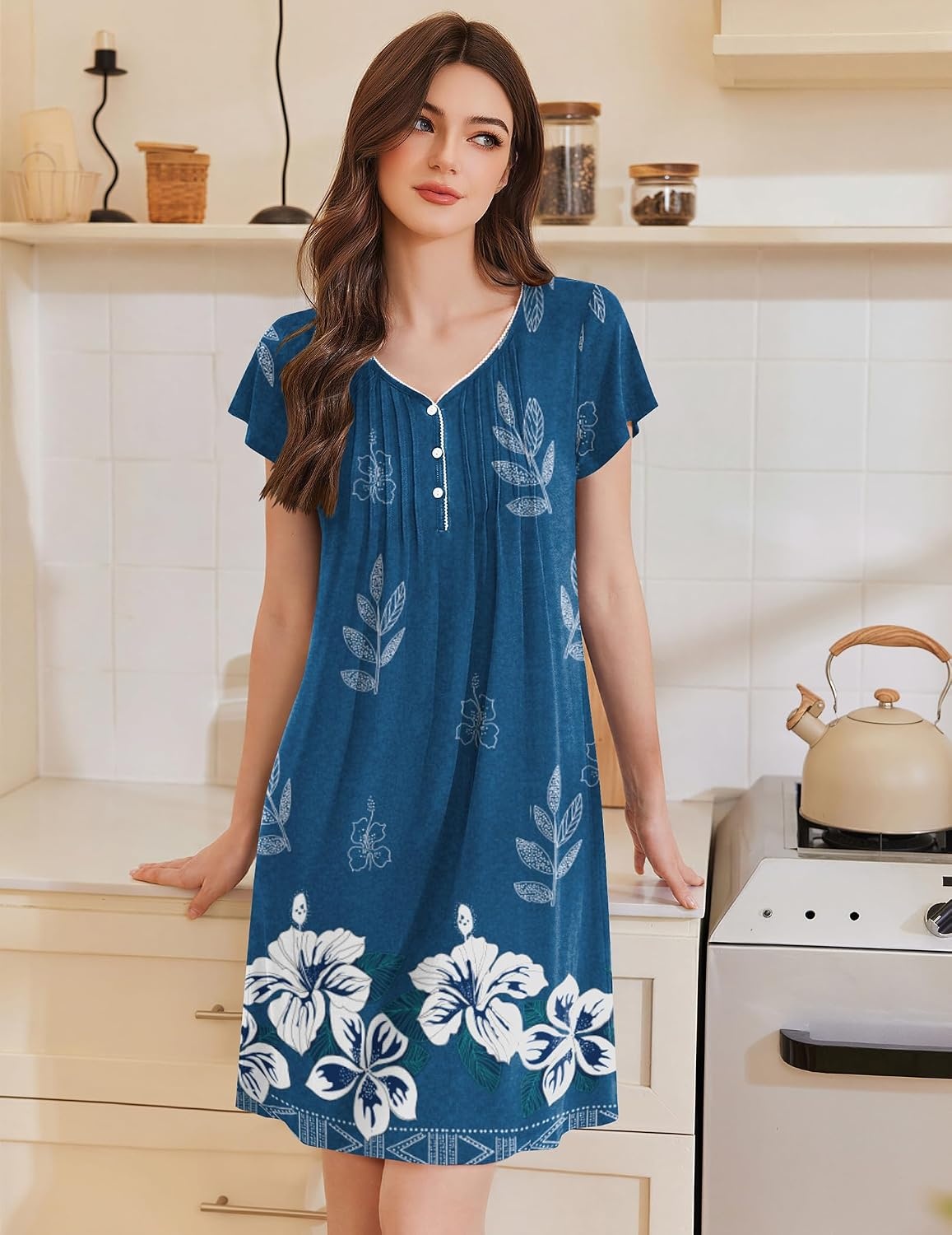 image:imageEkouaer Nightgowns for Women Short Sleeve Pleated Moo Moos with PocketsFloral Blue