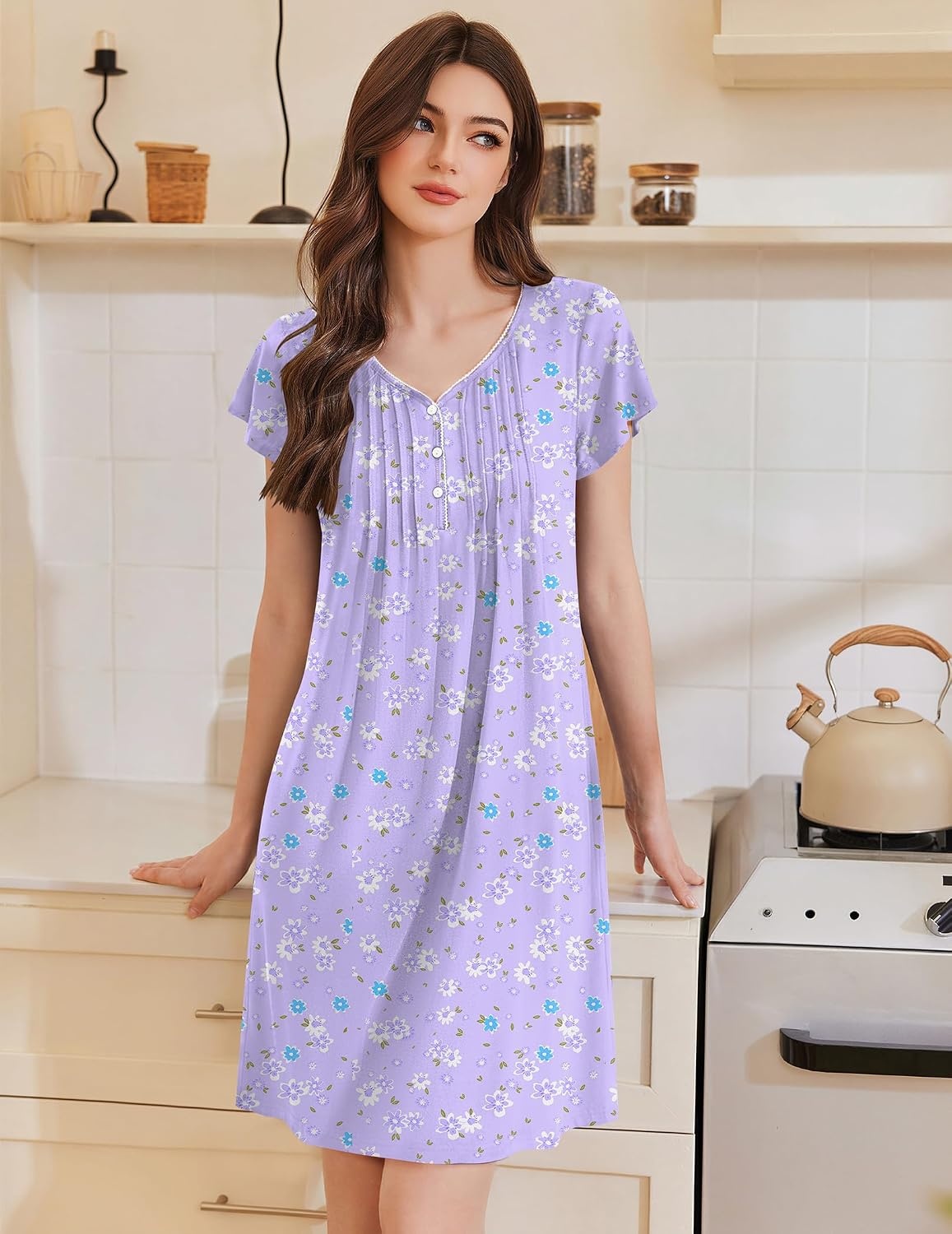 image:imageEkouaer Nightgowns for Women Short Sleeve Pleated Moo Moos with PocketsFlowers Purple