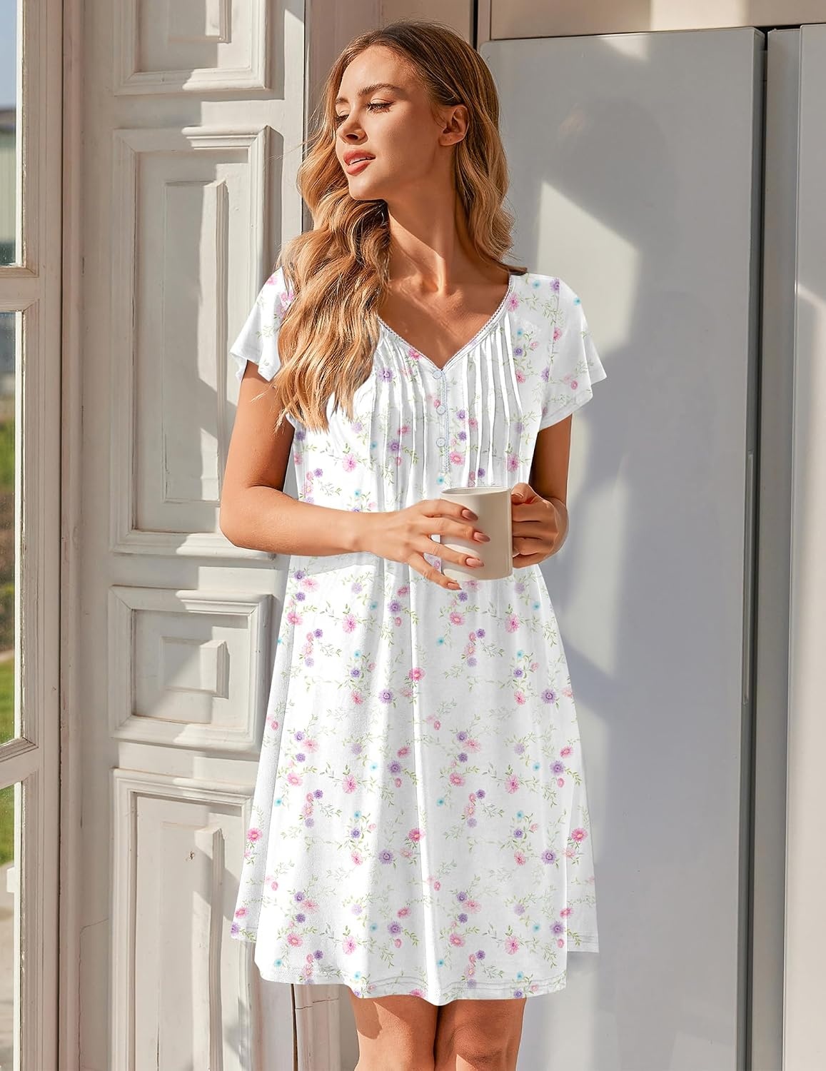 image:imageEkouaer Nightgowns for Women Short Sleeve Pleated Moo Moos with PocketsFlowers White
