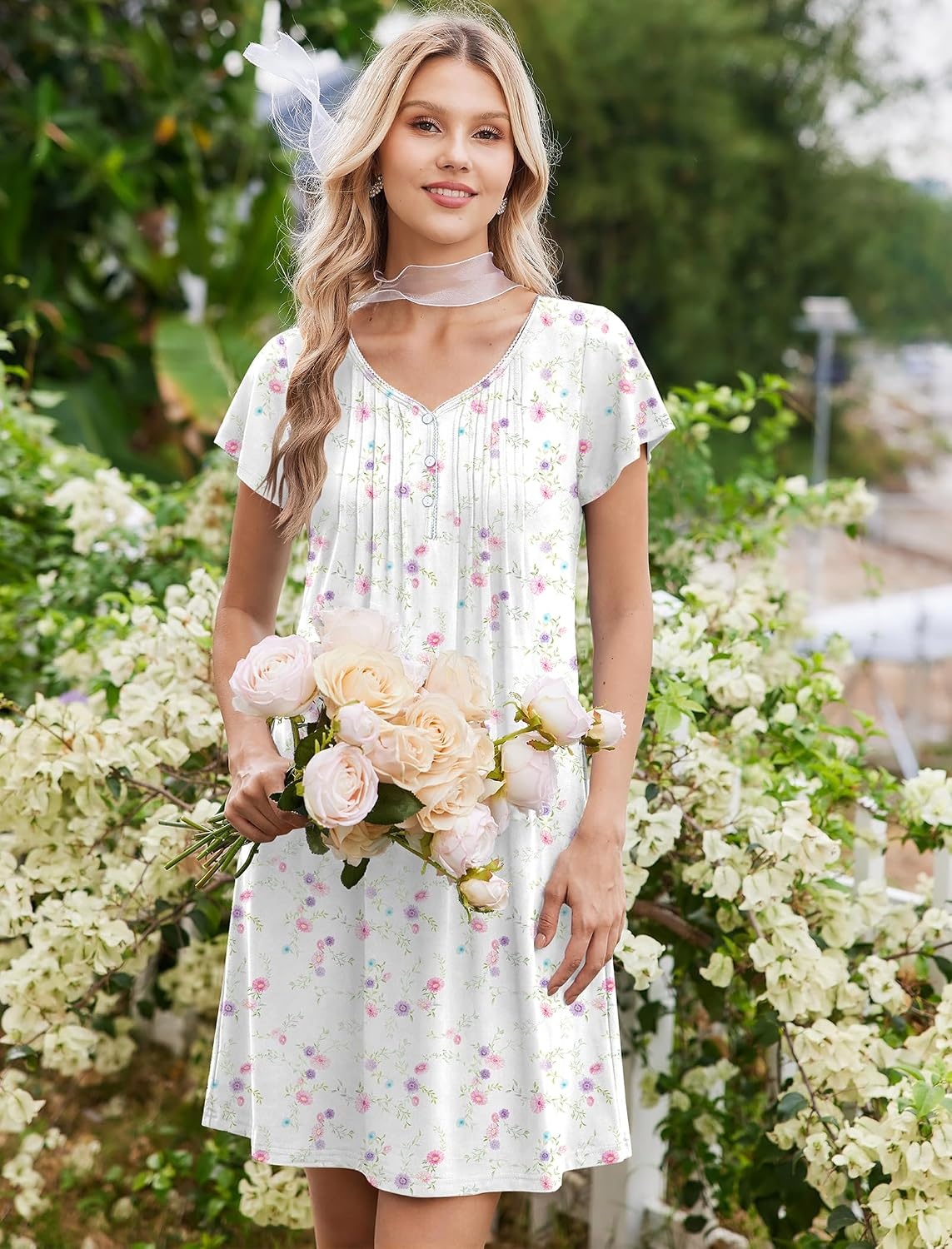 image:imageEkouaer Nightgowns for Women Short Sleeve Pleated Moo Moos with PocketsFlowers White