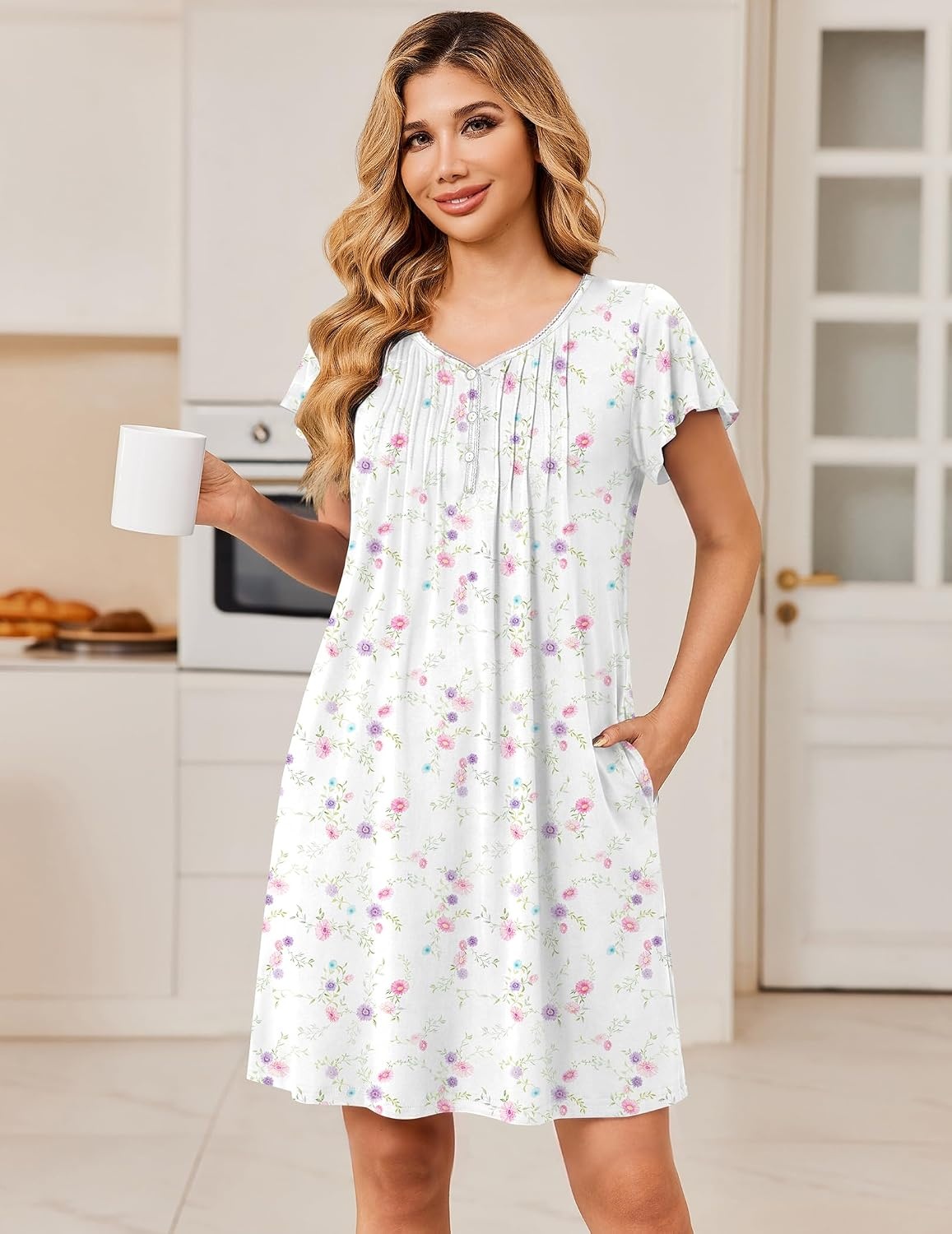 image:imageEkouaer Nightgowns for Women Short Sleeve Pleated Moo Moos with PocketsFlowers White
