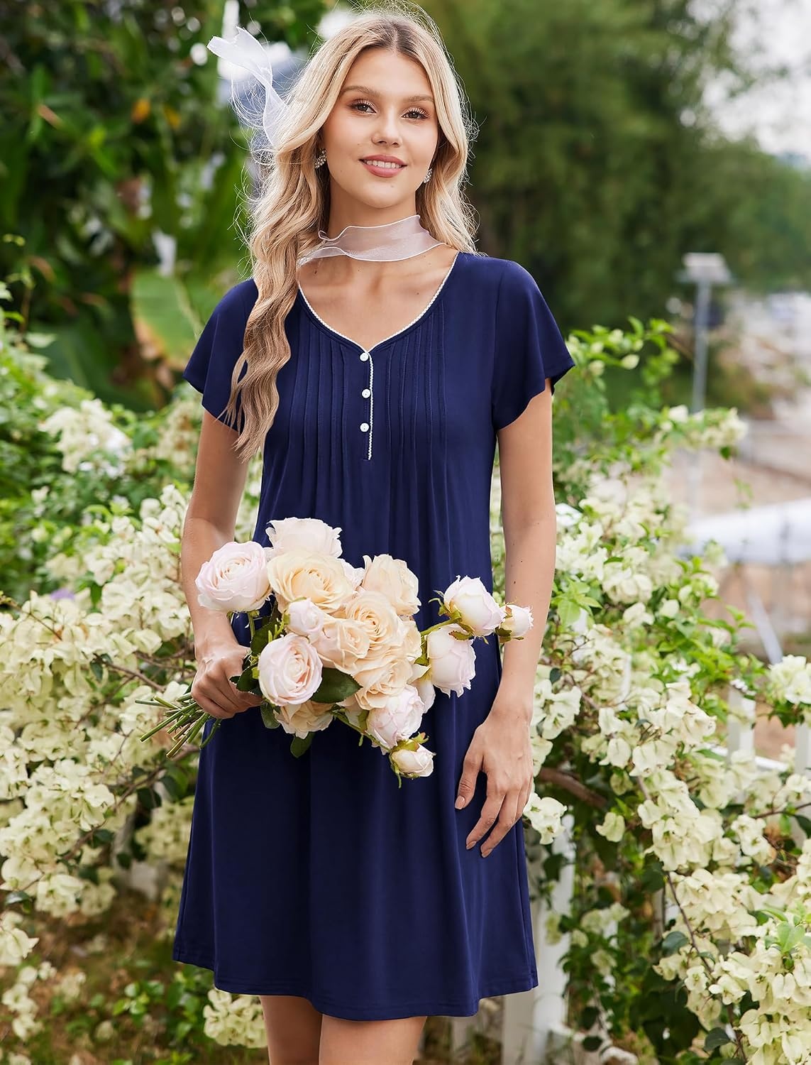 image:imageEkouaer Nightgowns for Women Short Sleeve Pleated Moo Moos with PocketsNavy Blue