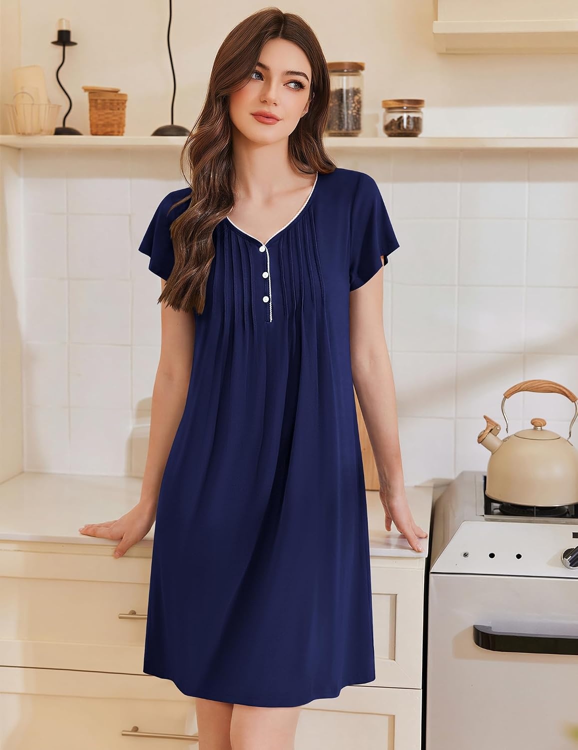 image:imageEkouaer Nightgowns for Women Short Sleeve Pleated Moo Moos with PocketsNavy Blue