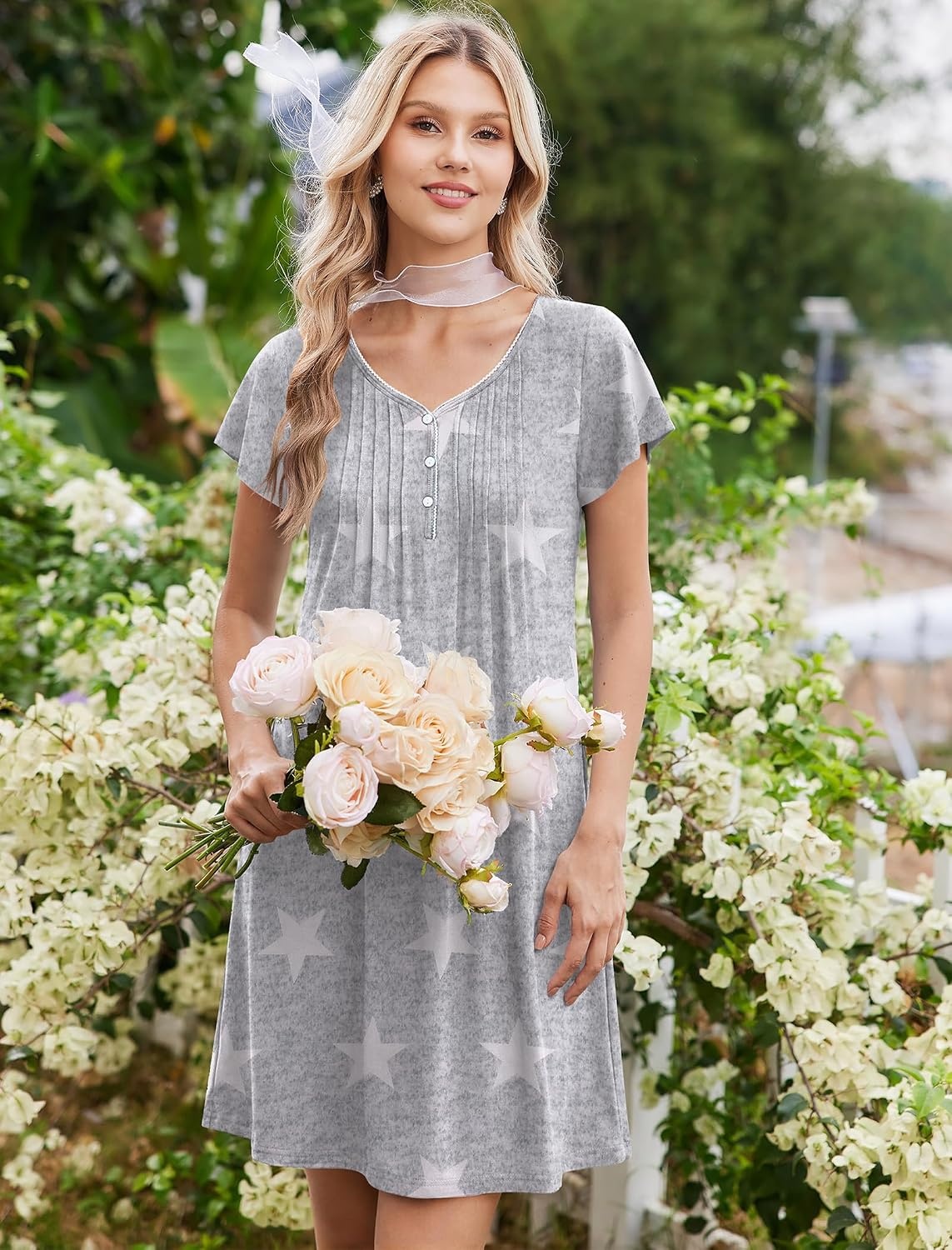 image:imageEkouaer Nightgowns for Women Short Sleeve Pleated Moo Moos with PocketsStar Grey