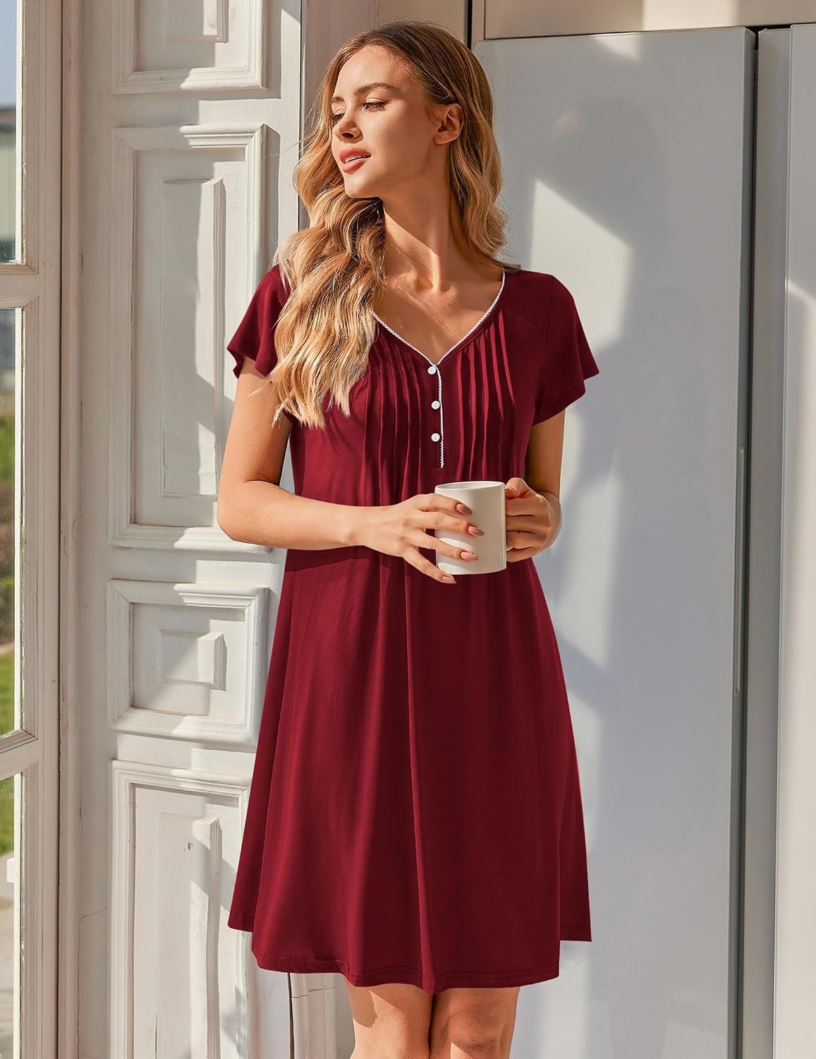 image:imageEkouaer Nightgowns for Women Short Sleeve Pleated Moo Moos with PocketsWine Red