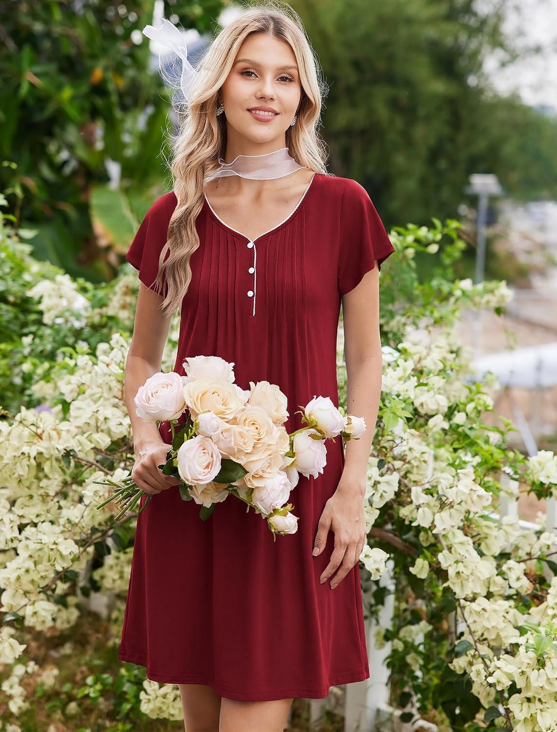 image:imageEkouaer Nightgowns for Women Short Sleeve Pleated Moo Moos with PocketsWine Red