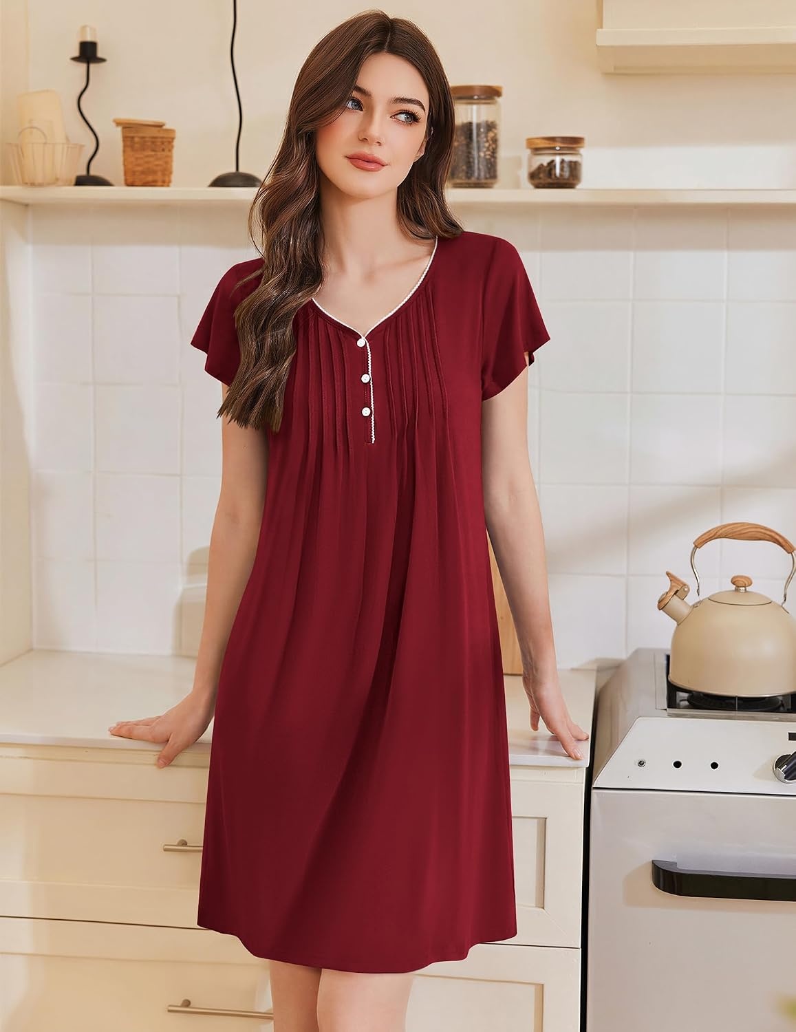 image:imageEkouaer Nightgowns for Women Short Sleeve Pleated Moo Moos with PocketsWine Red