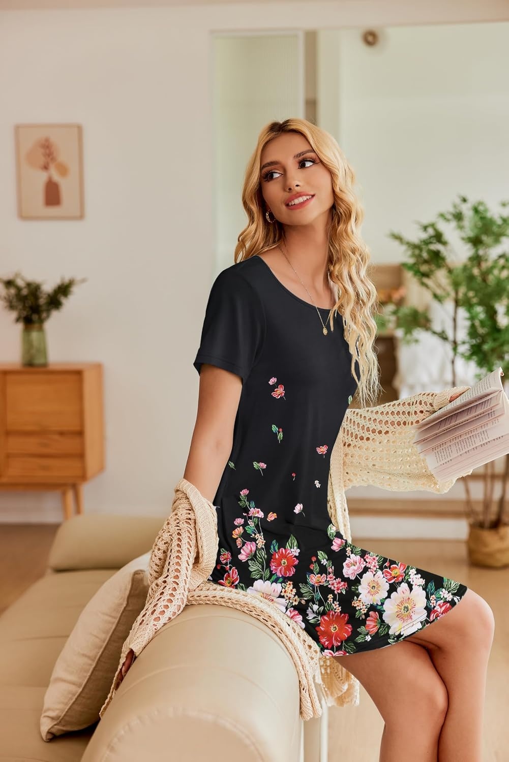image:imageEkouaer Nightgowns for Women Short Sleeve Sleep Shirt with PocketsBlack Flowers
