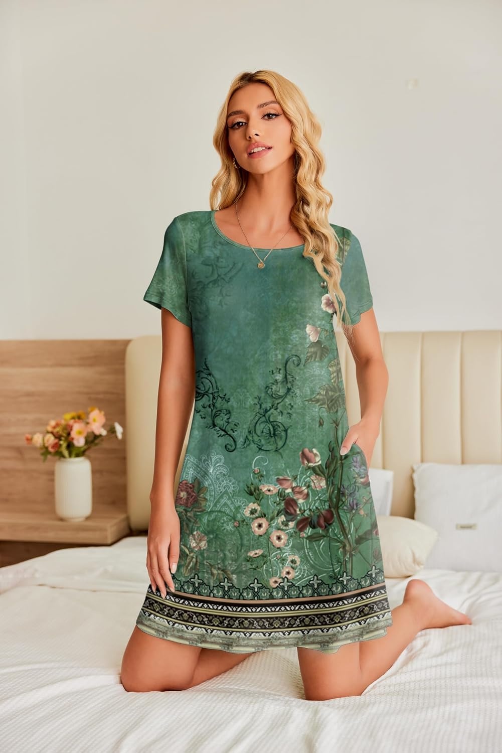 image:imageEkouaer Nightgowns for Women Short Sleeve Sleep Shirt with PocketsGreen Flower