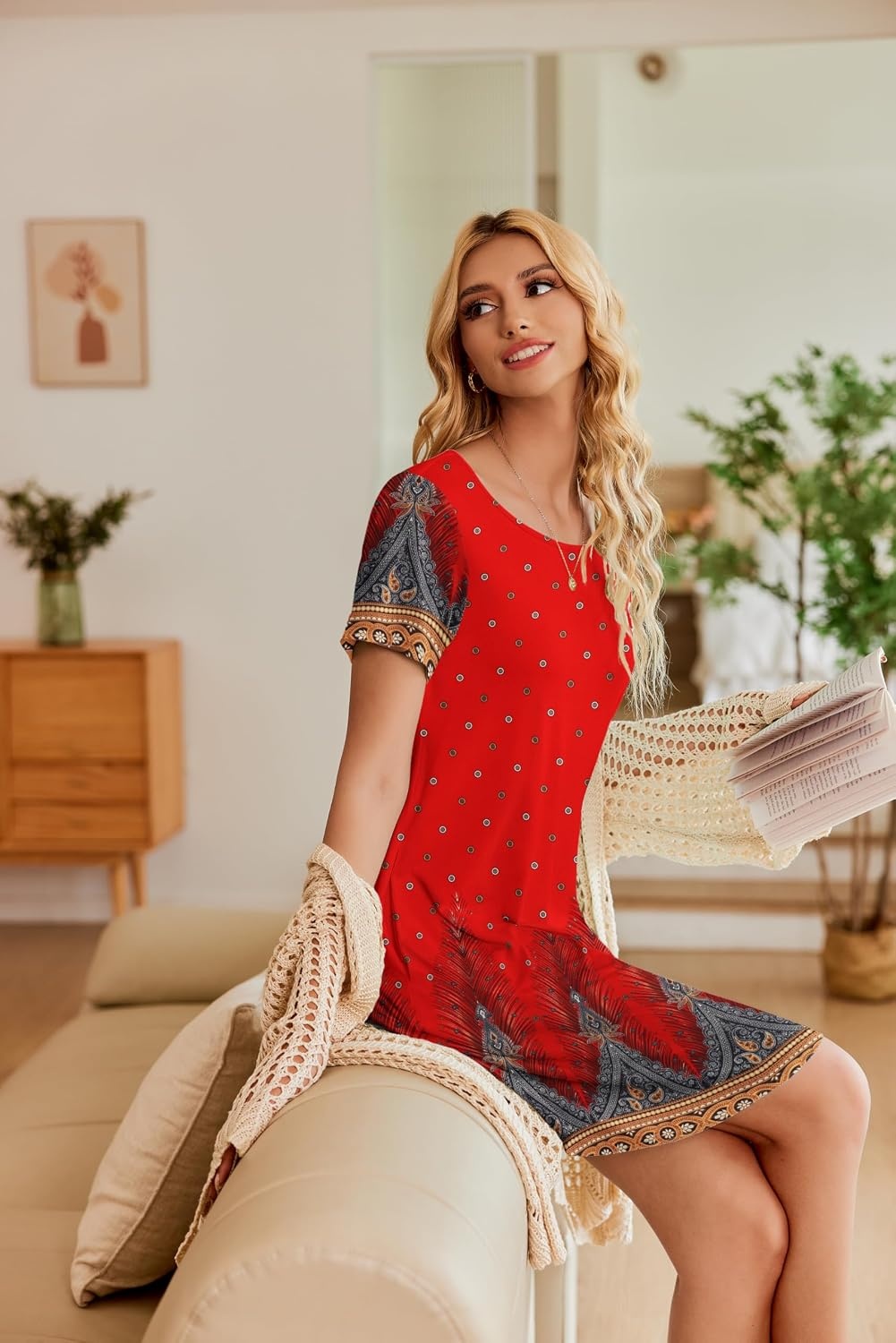 image:imageEkouaer Nightgowns for Women Short Sleeve Sleep Shirt with PocketsRed Feather