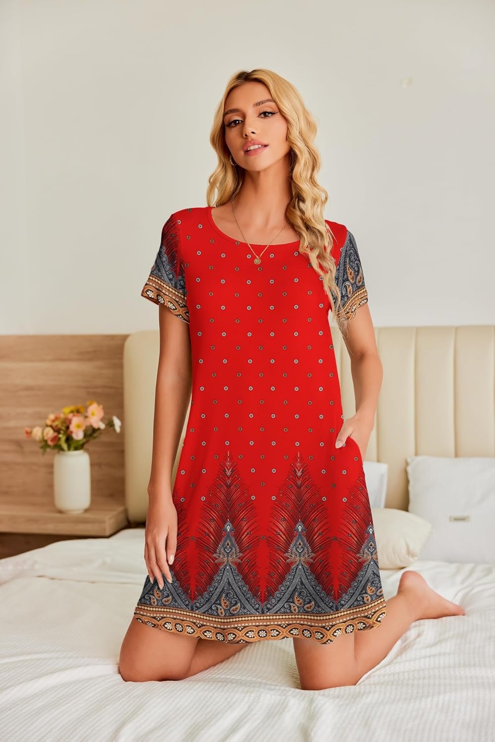 image:imageEkouaer Nightgowns for Women Short Sleeve Sleep Shirt with PocketsRed Feather