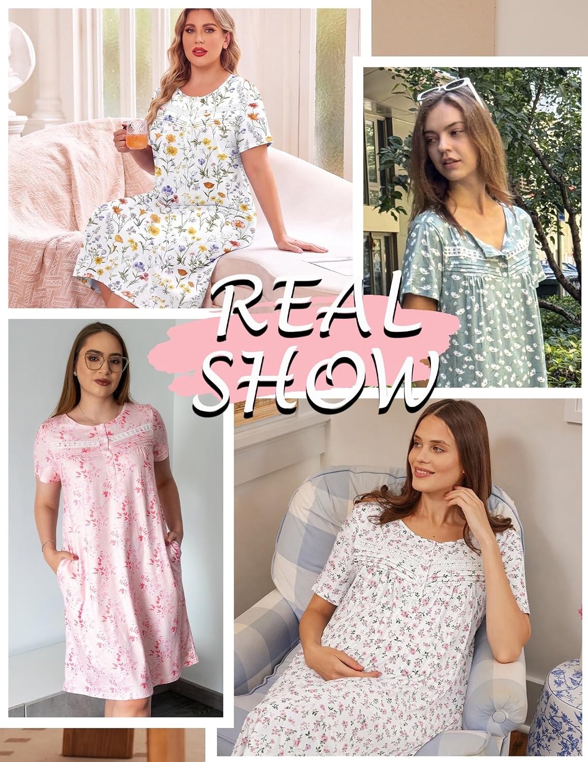 image:imageEkouaer Nightgowns for Women with Pockets Short Sleeve Henley SleepshirtsBlue Floral