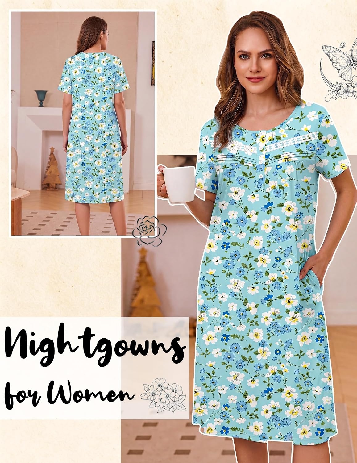 image:imageEkouaer Nightgowns for Women with Pockets Short Sleeve Henley SleepshirtsBlue Floral