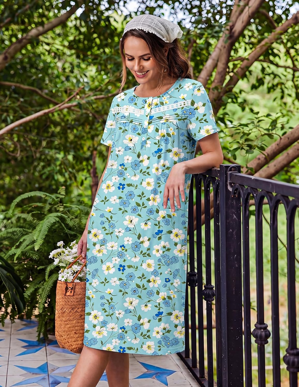 image:imageEkouaer Nightgowns for Women with Pockets Short Sleeve Henley SleepshirtsBlue Floral