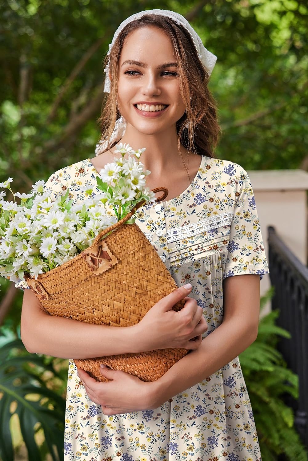 image:imageEkouaer Nightgowns for Women with Pockets Short Sleeve Henley SleepshirtsFloral and Leaf