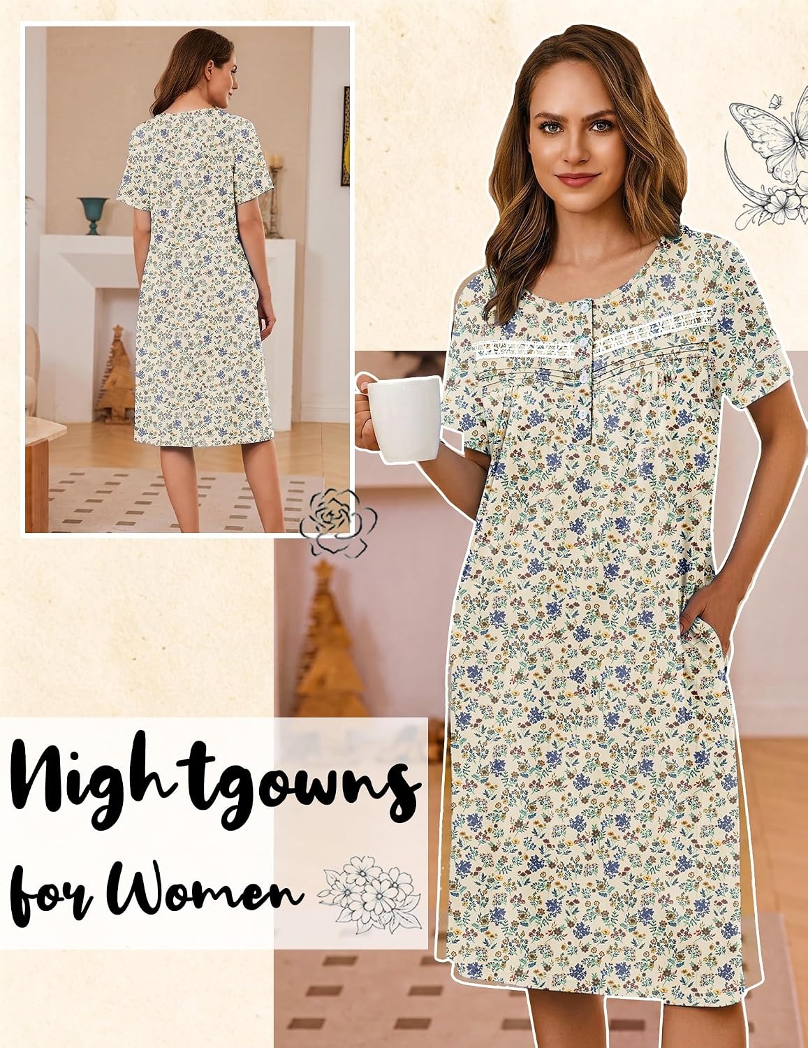 image:imageEkouaer Nightgowns for Women with Pockets Short Sleeve Henley SleepshirtsFloral and Leaf