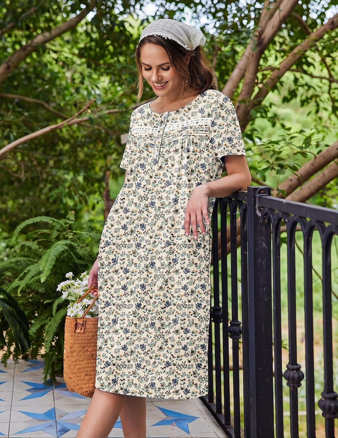 image:imageEkouaer Nightgowns for Women with Pockets Short Sleeve Henley SleepshirtsFloral and Leaf