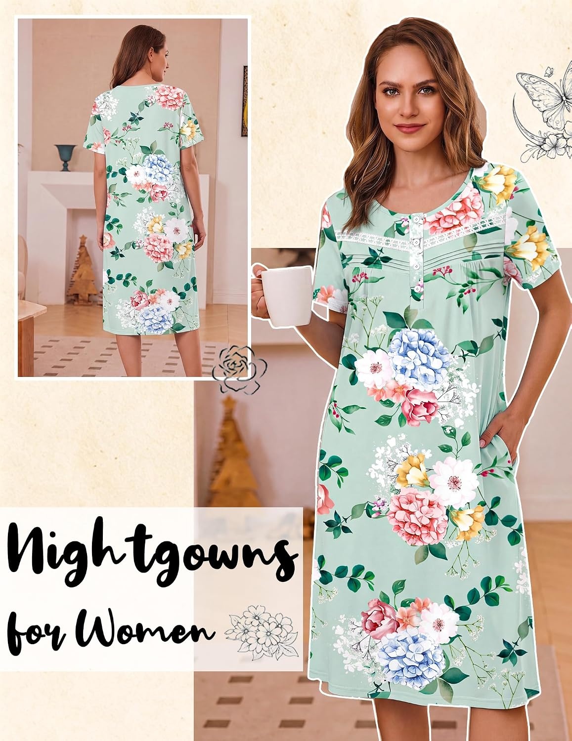 image:imageEkouaer Nightgowns for Women with Pockets Short Sleeve Henley SleepshirtsGreen Blue Floral