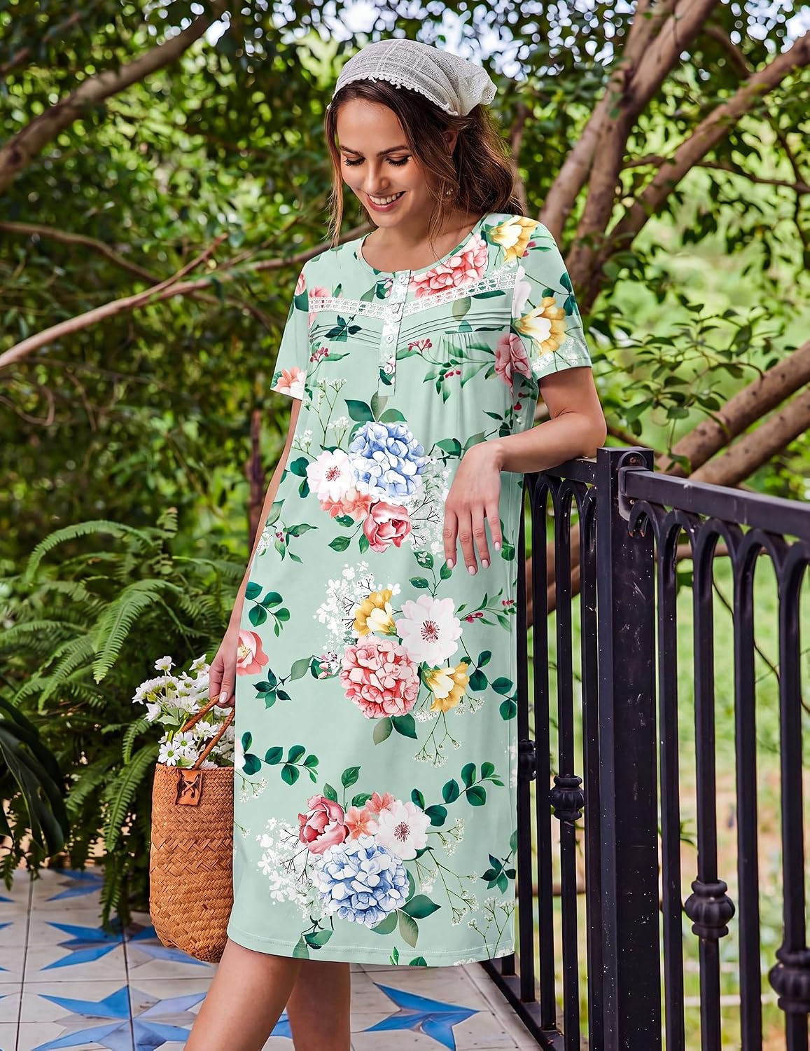 image:imageEkouaer Nightgowns for Women with Pockets Short Sleeve Henley SleepshirtsGreen Blue Floral