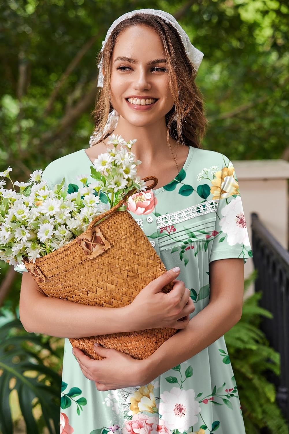 image:imageEkouaer Nightgowns for Women with Pockets Short Sleeve Henley SleepshirtsGreen Blue Floral