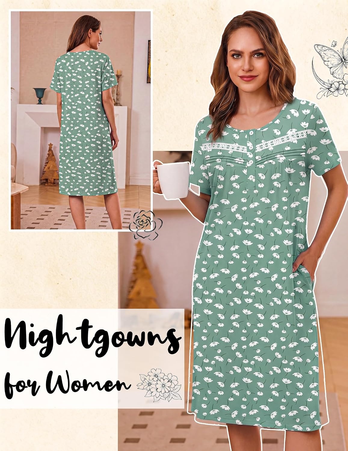 image:imageEkouaer Nightgowns for Women with Pockets Short Sleeve Henley SleepshirtsGreen White Floral